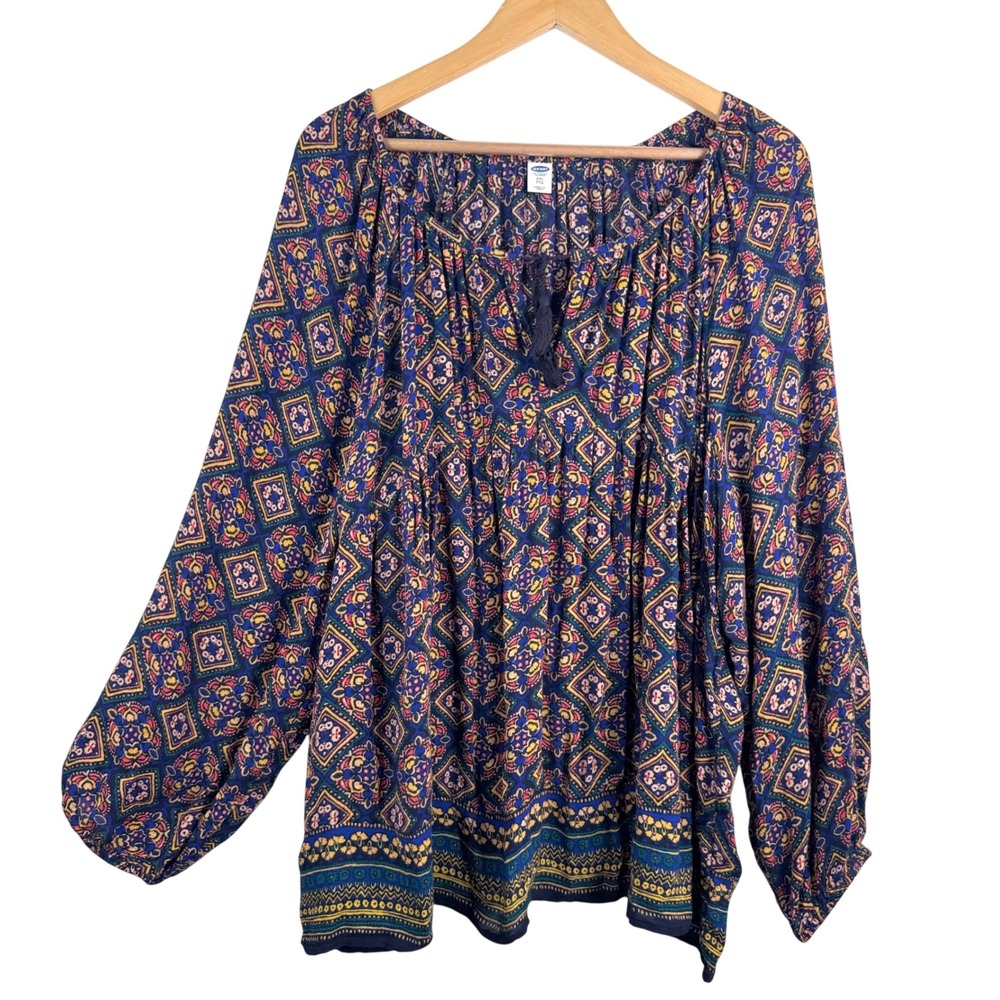 Old Navy Peasant paisley Blouse sz XXL‎ Navy Blue Geometric Tassel Boho Top